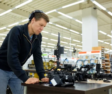 Muž si v obchodě vybírá elektroniku.