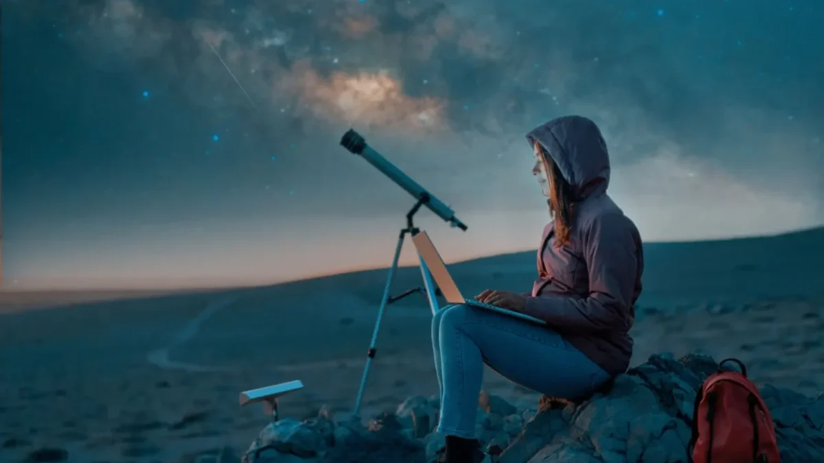 mladá paní sleduje noční oblohu