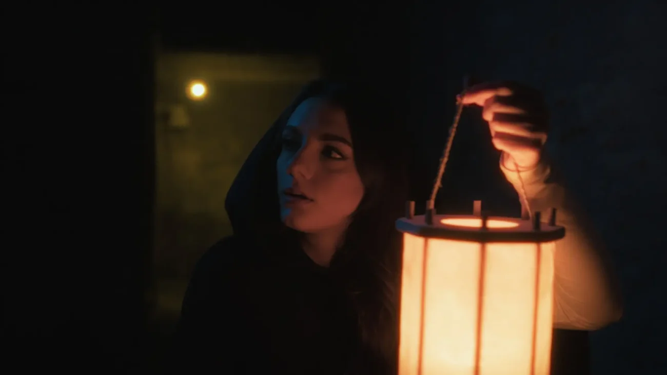 paní ve tmě s lampou hledá skryté tajemství