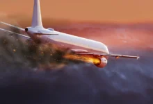 Hořící motory letadla.