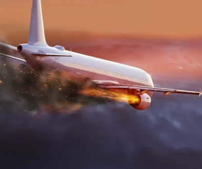 Hořící motory letadla.