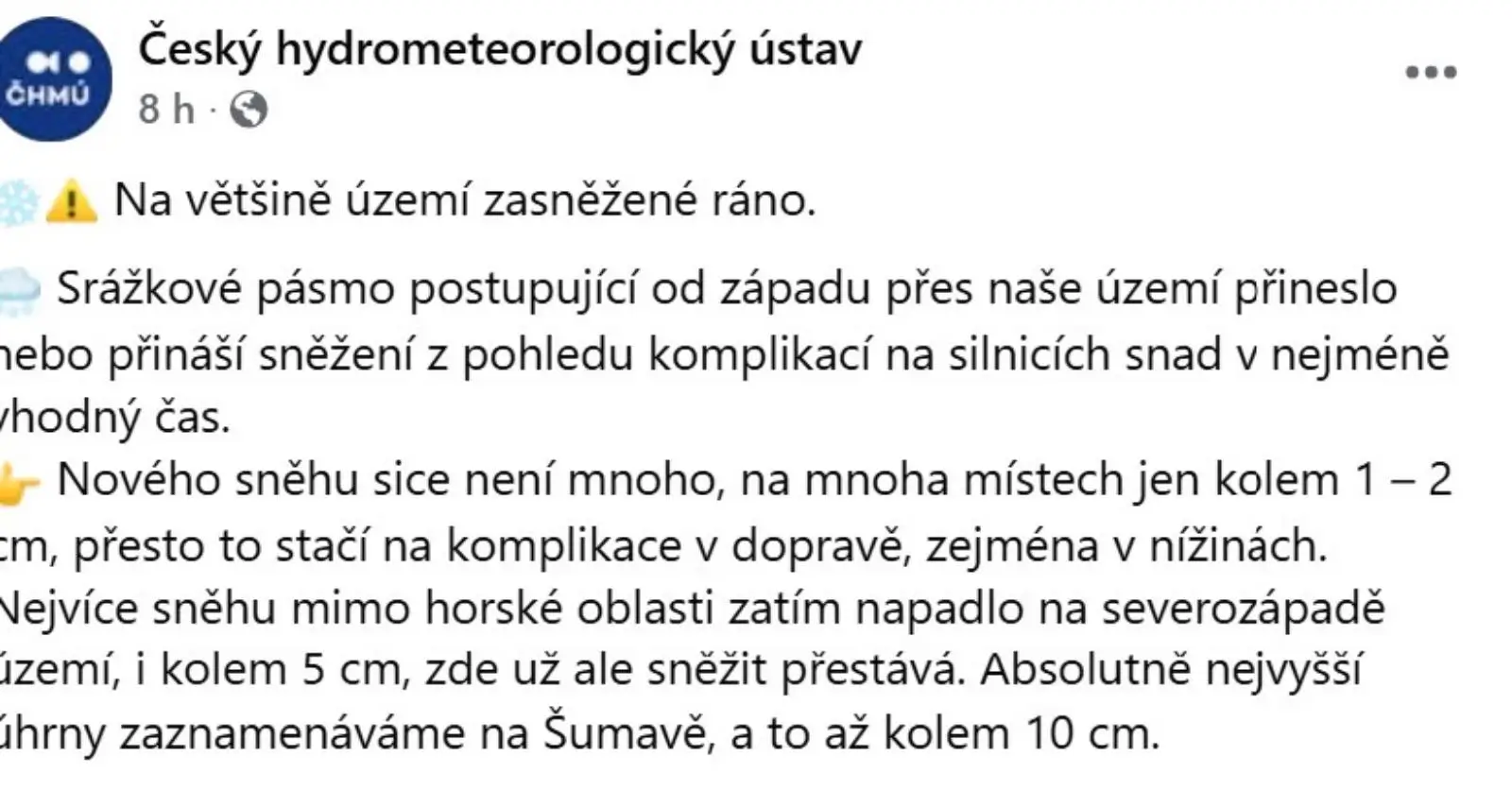 Pondělní sněžení a doprava