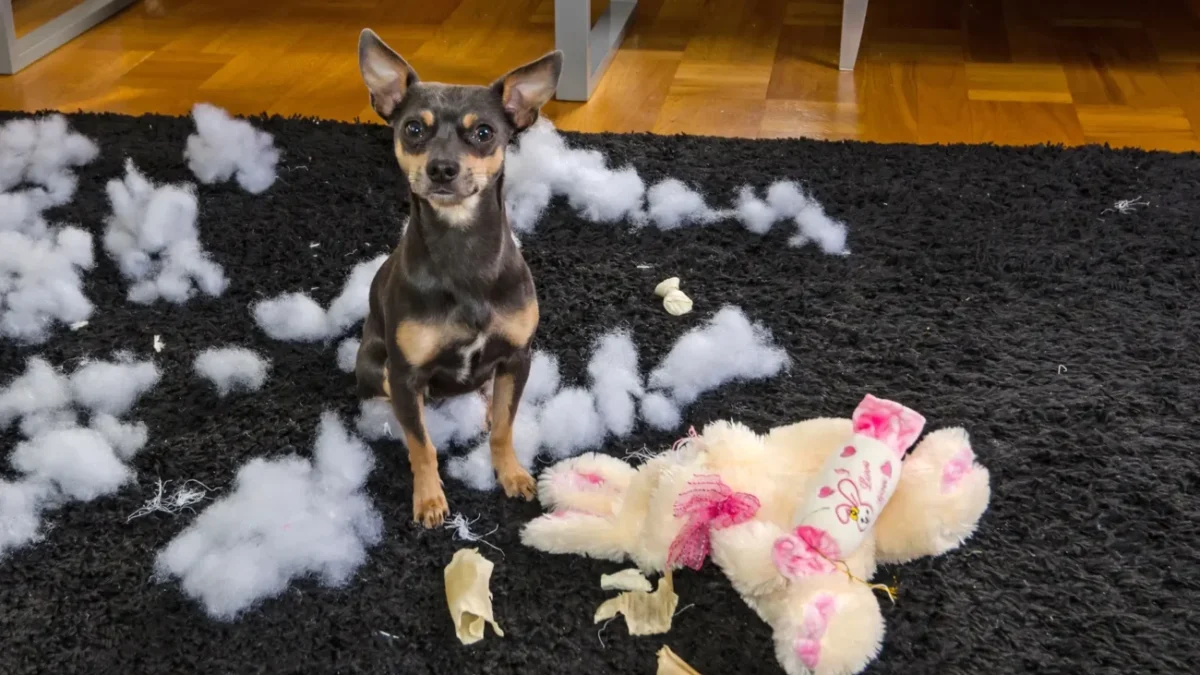 Čivava sedí vedle roztrhaného plyšáka.