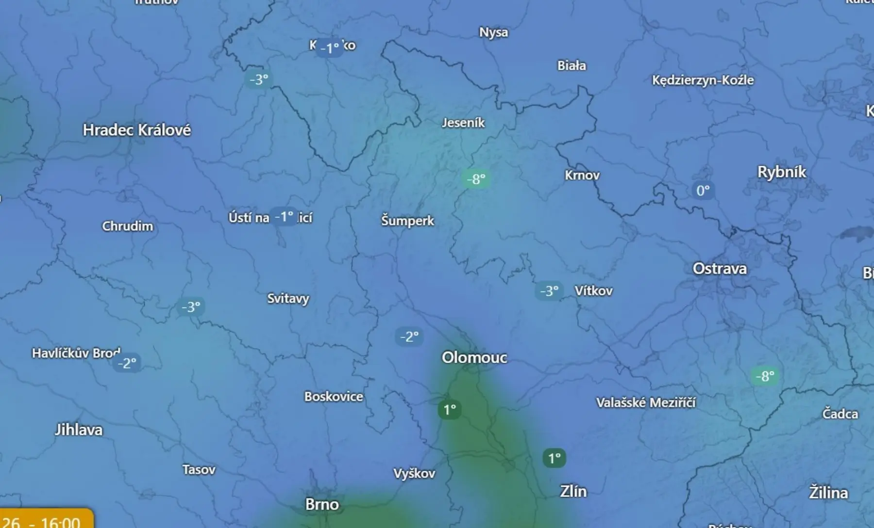 Teplota ve čtvrtek odpoledne na Pradědu a Lysé hoře