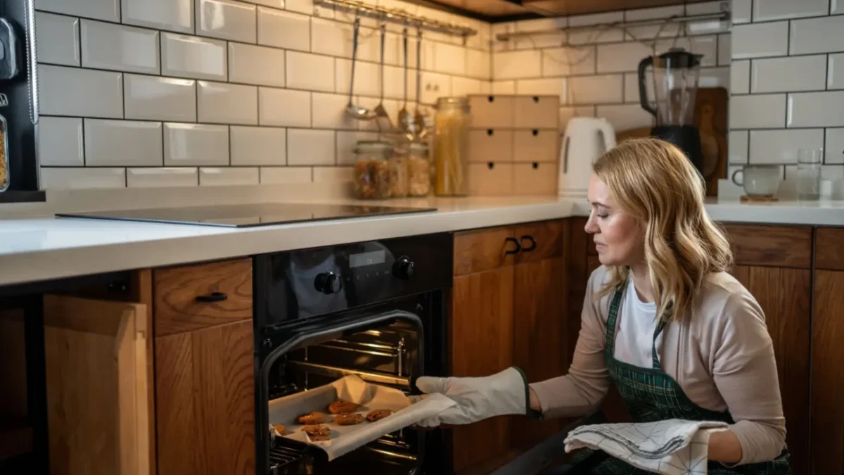 blondýna peče cukroví v kuchyni