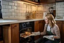 blondýna peče cukroví v kuchyni