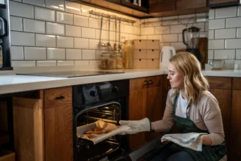 blondýna peče cukroví v kuchyni