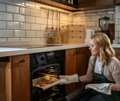 blondýna peče cukroví v kuchyni