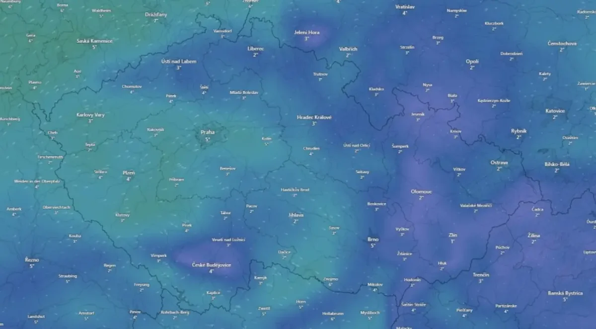 Mapa ČR s teplotami 29. 12. 2025