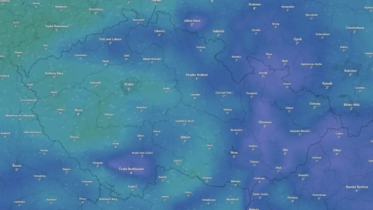 Mapa ČR s teplotami 29. 12. 2025