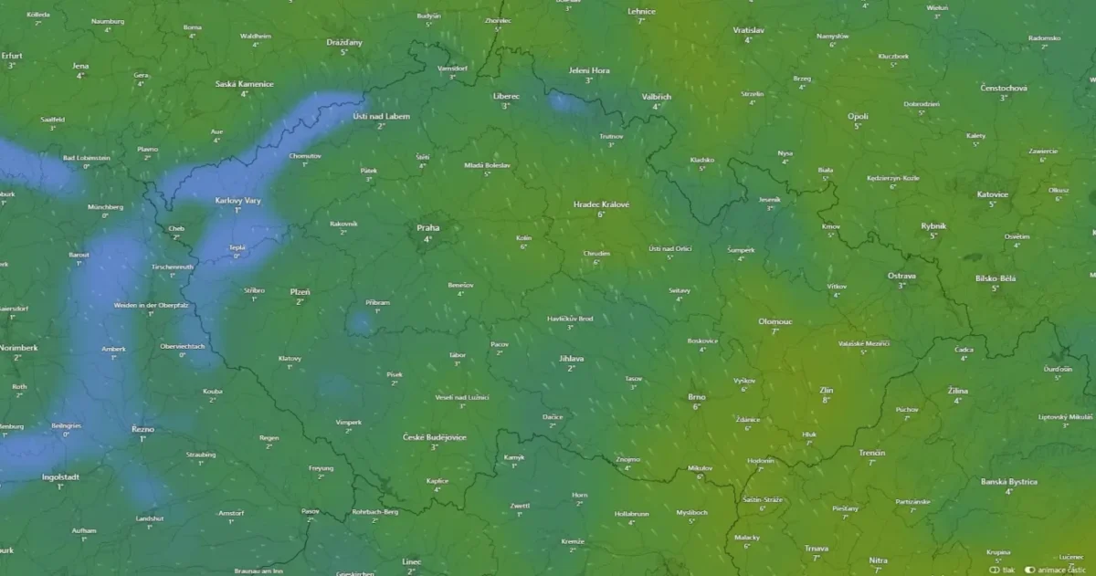 Mapa ČR s předpovědí teploty.