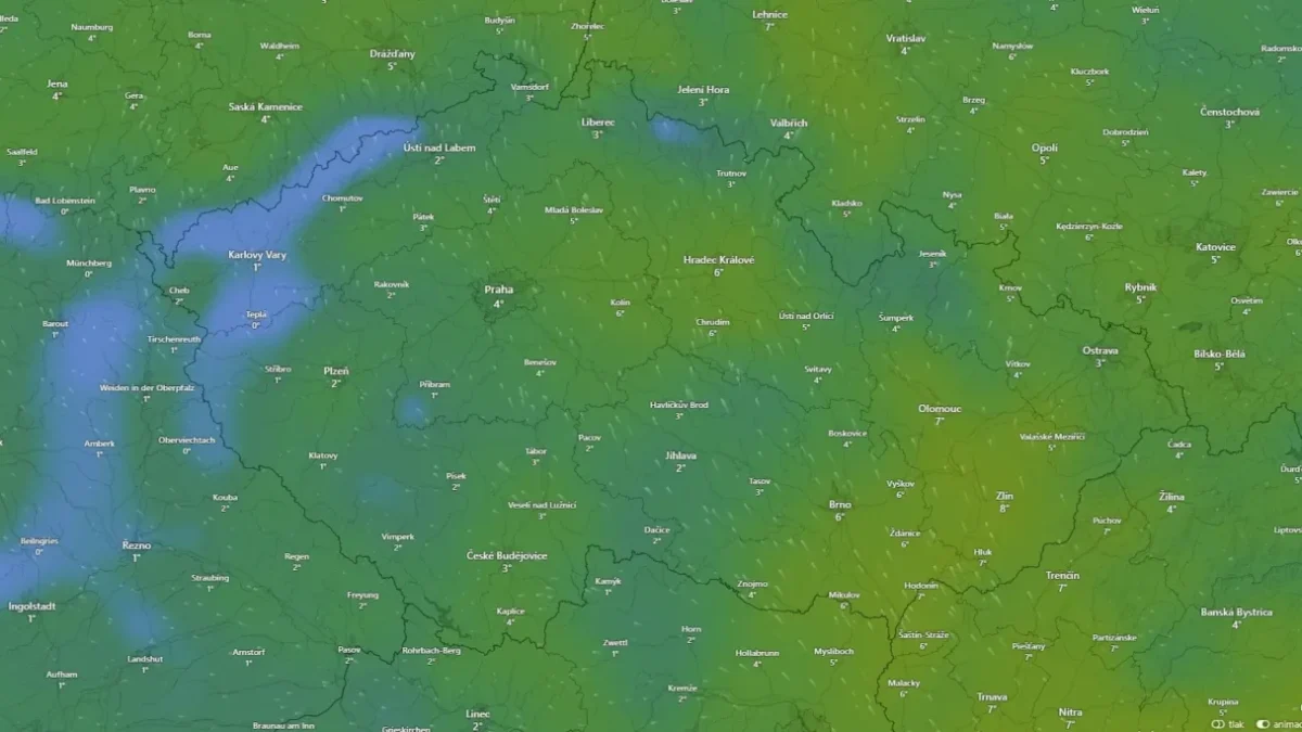 Mapa ČR s předpovědí teploty.