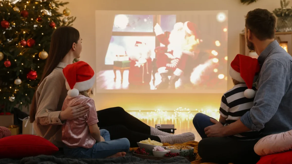 Rodina si promítá vánoční film.