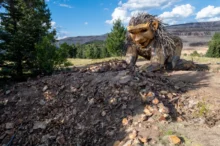 V přírodě je umístěná velká dřevěná socha.