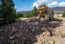 V přírodě je umístěná velká dřevěná socha.