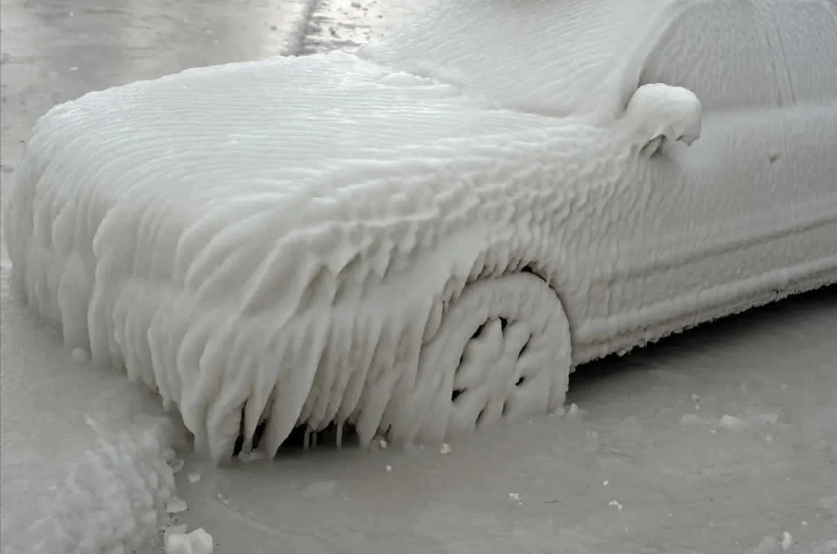 Vpád arktického vzduchu až do Švýcarska - zamrzlé auto na břehu Ženevského jezera