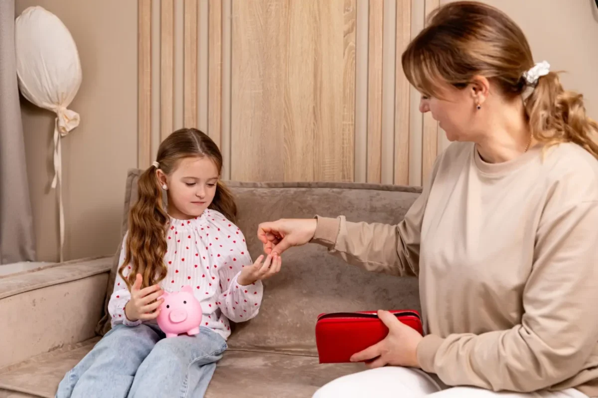 paní dává dceři drobné do kasičky
