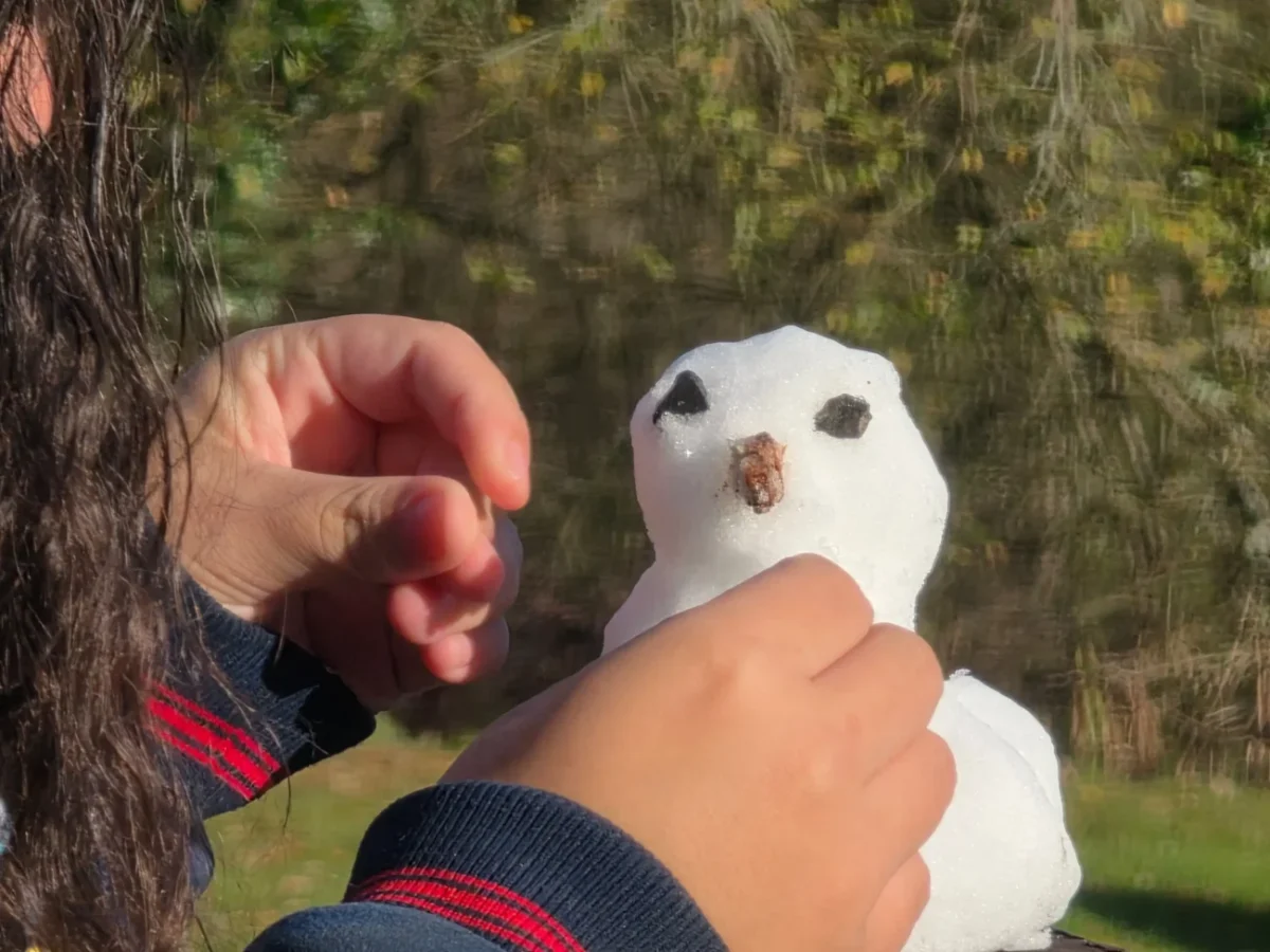 Člověk upravuje sněhuláka.