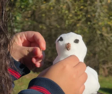 Člověk upravuje sněhuláka.