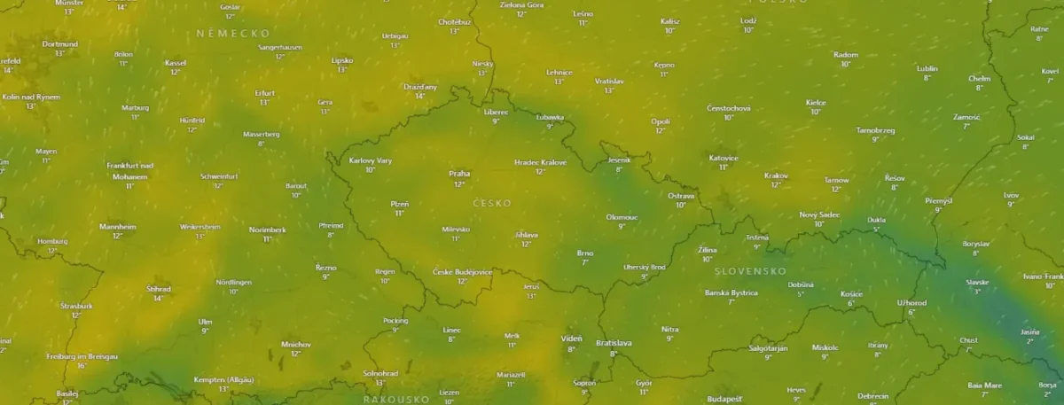 meteorologická mapa ČR s teplotami okolo 10 stupňů