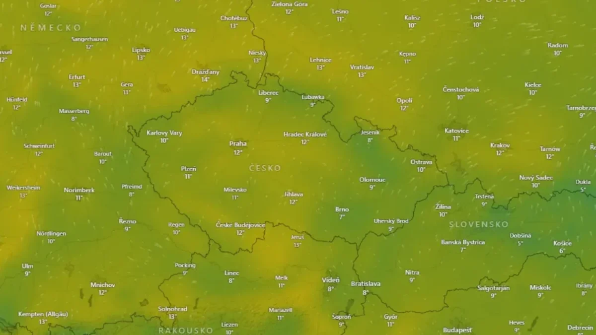meteorologická mapa ČR s teplotami okolo 10 stupňů