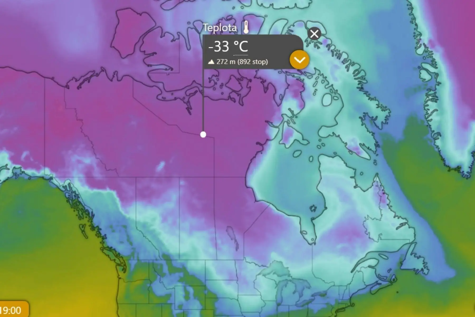 Aktuální teploty na severovýchodě USA a v Kanadě