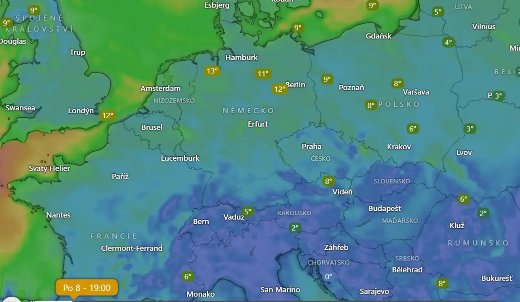 Dnešní teploty jsou v Evropě vyšší než včera