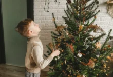 Chlapeček zírá na vánoční strom.