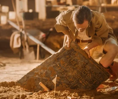 archeolog vytahuje starou desku ze země
