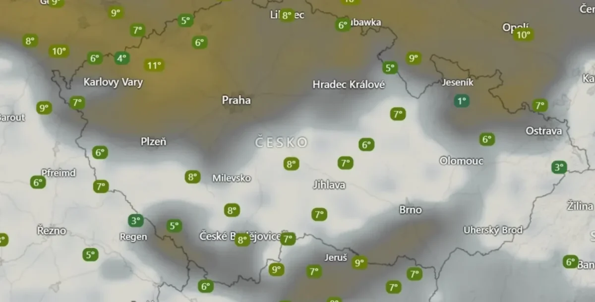 Aktuální teploty a oblačnost v Česku