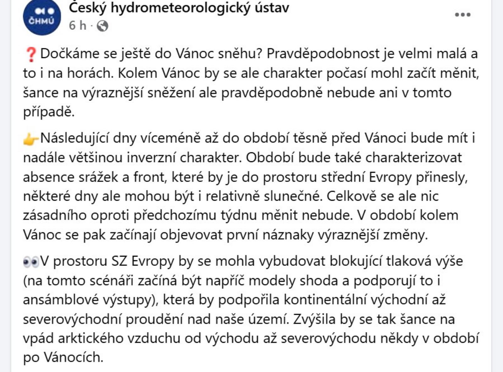 CHMI - jak to bude se sněhem a mrazem do konce prosince