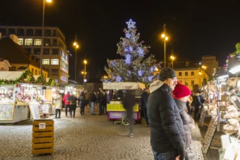 Lidé jsou na vánočním trhu.