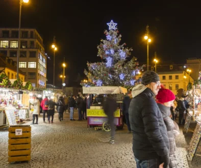 Lidé jsou na vánočním trhu.