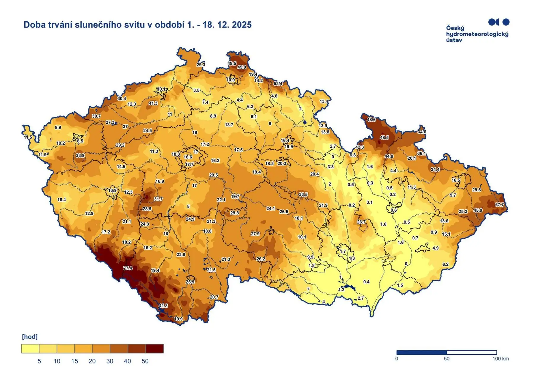 Z mapy je patrné, že v první půlce prosince svítilo slunce hlavně na horách | TVGURU.cz Z mapy je patrné, že v první půlce prosince svítilo slunce hlavně na horách