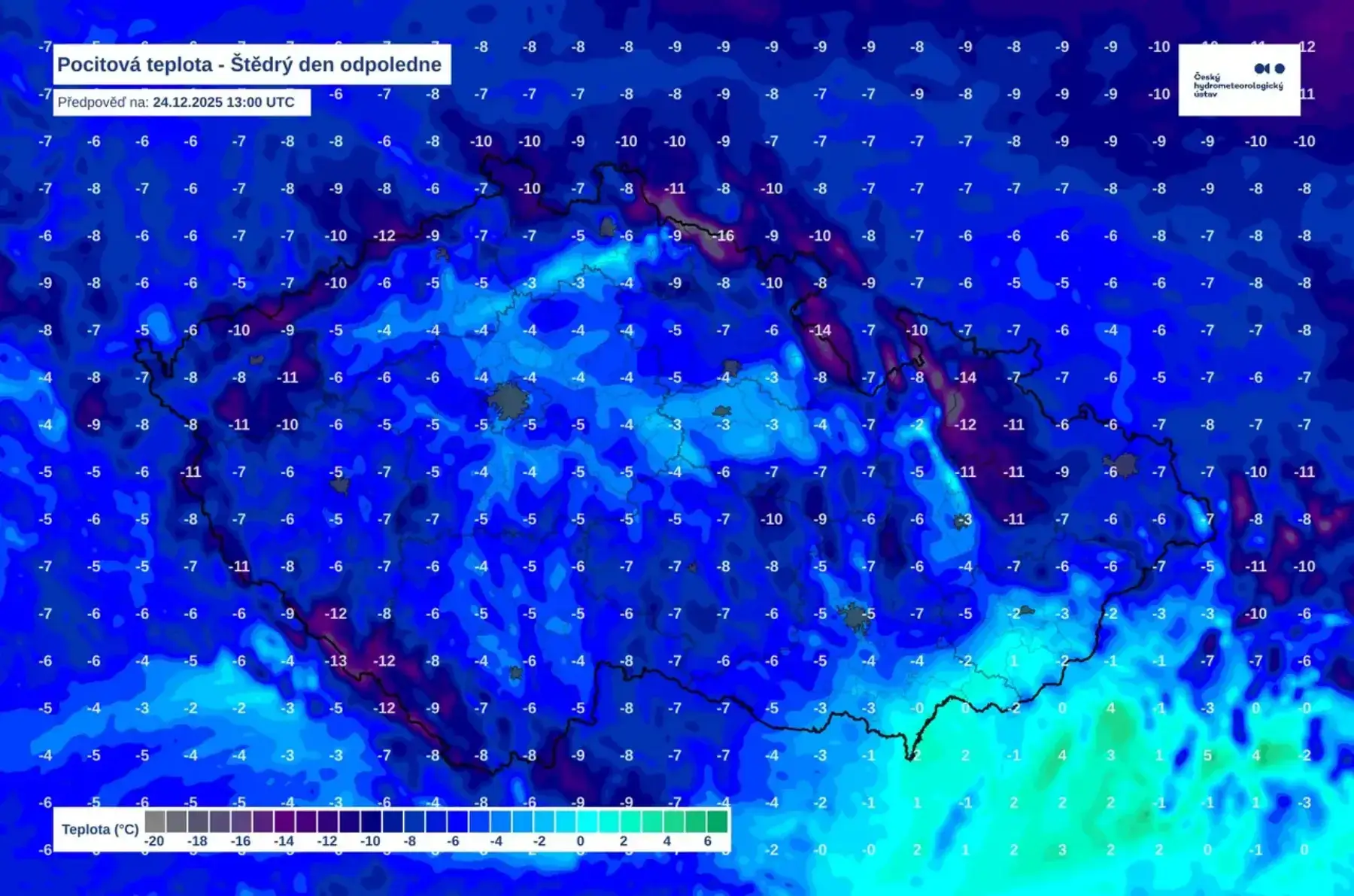 Aladin - předpověď teplot na Štědrý den