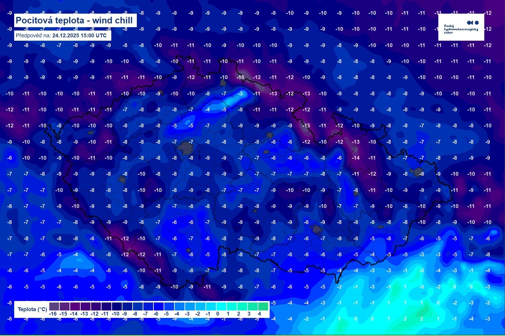 Předpoklad odpoledních teplot na Štědrý den