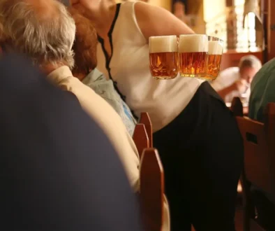 servírka nese tři čepovaná piva