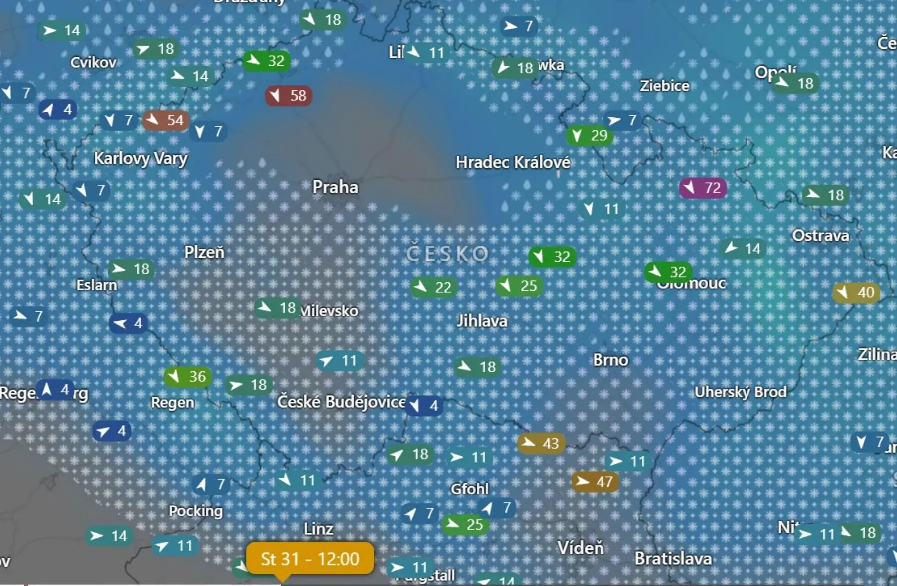Na Windy to na Silvestra vypadá takto. Všimněte si síly větru