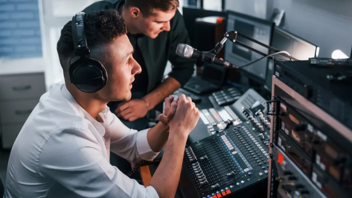 Moderátoři sedí ve studiu.