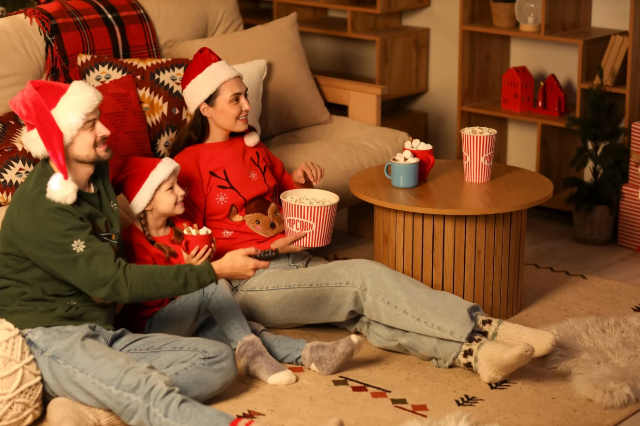 Rodina kouká na vánoční pohádku. 