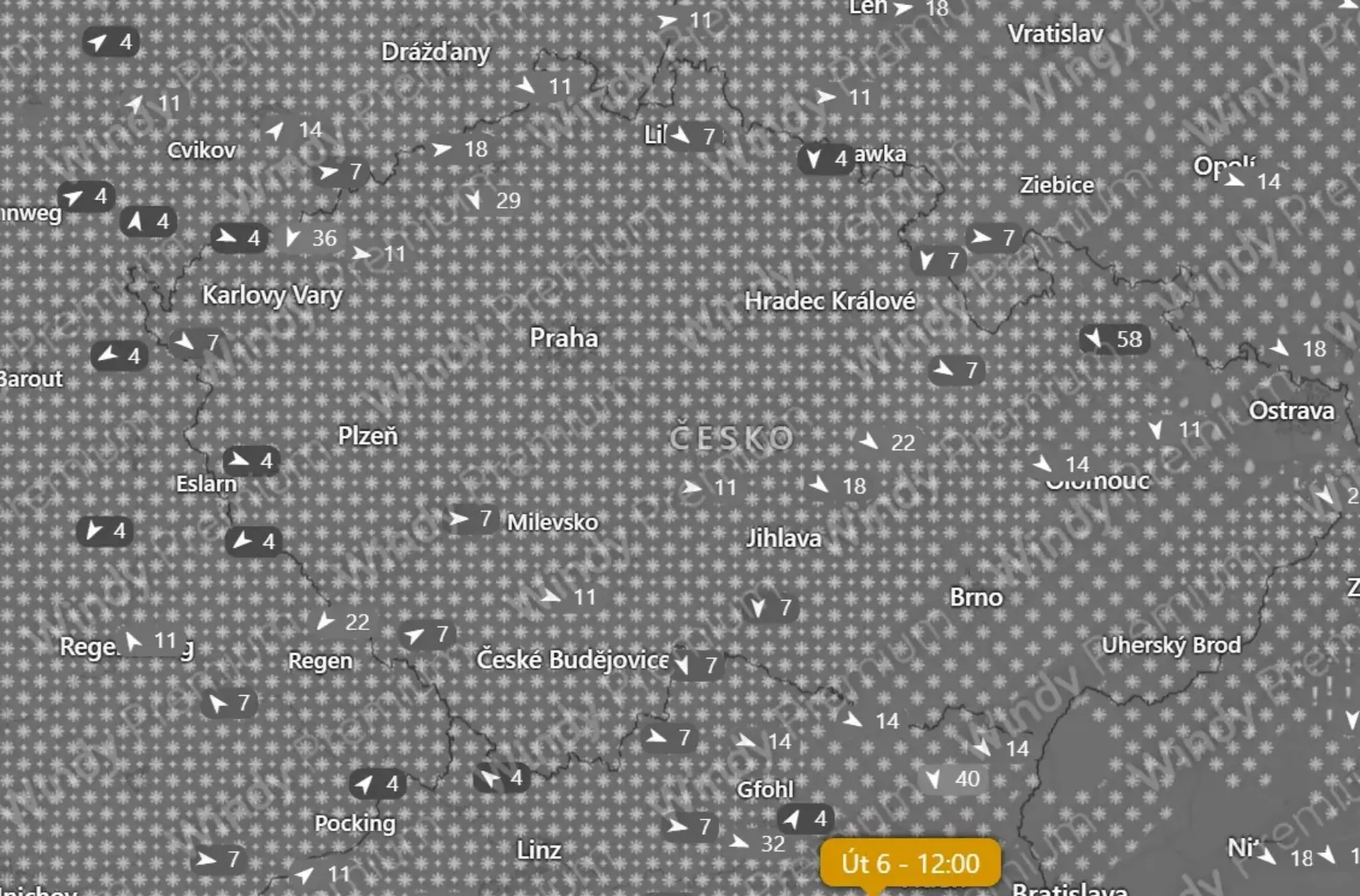 Předpověď pro Českou republiku na 6. ledna podle Windy