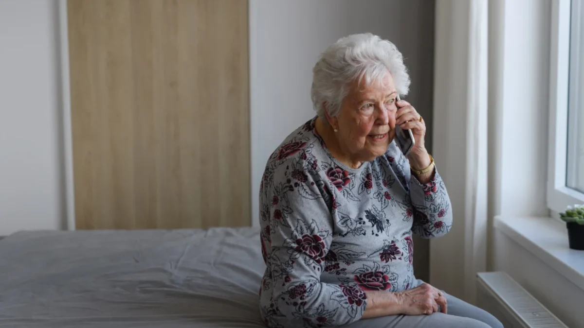 Babička sedí na okraji postele a telefonuje.