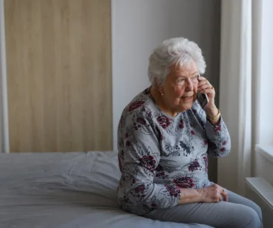 Babička sedí na okraji postele a telefonuje.