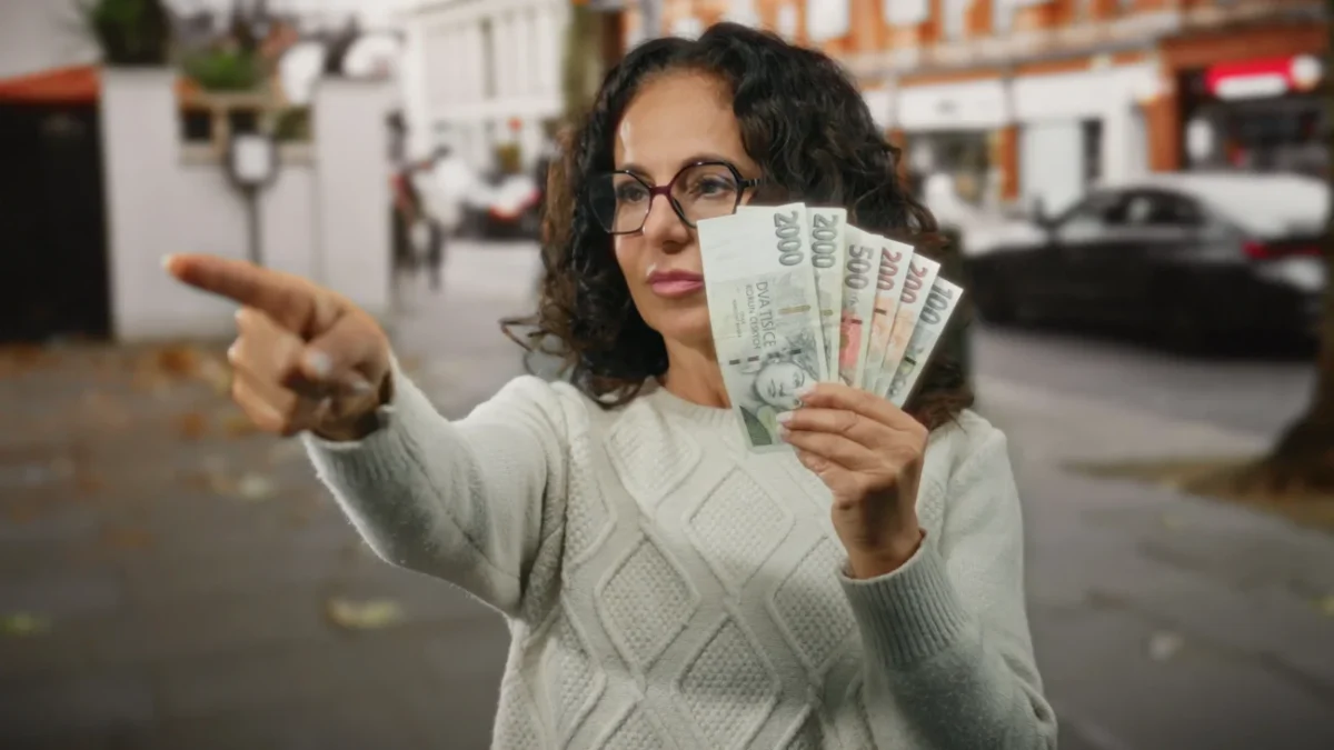 Žena v ruce drží české bankovky.