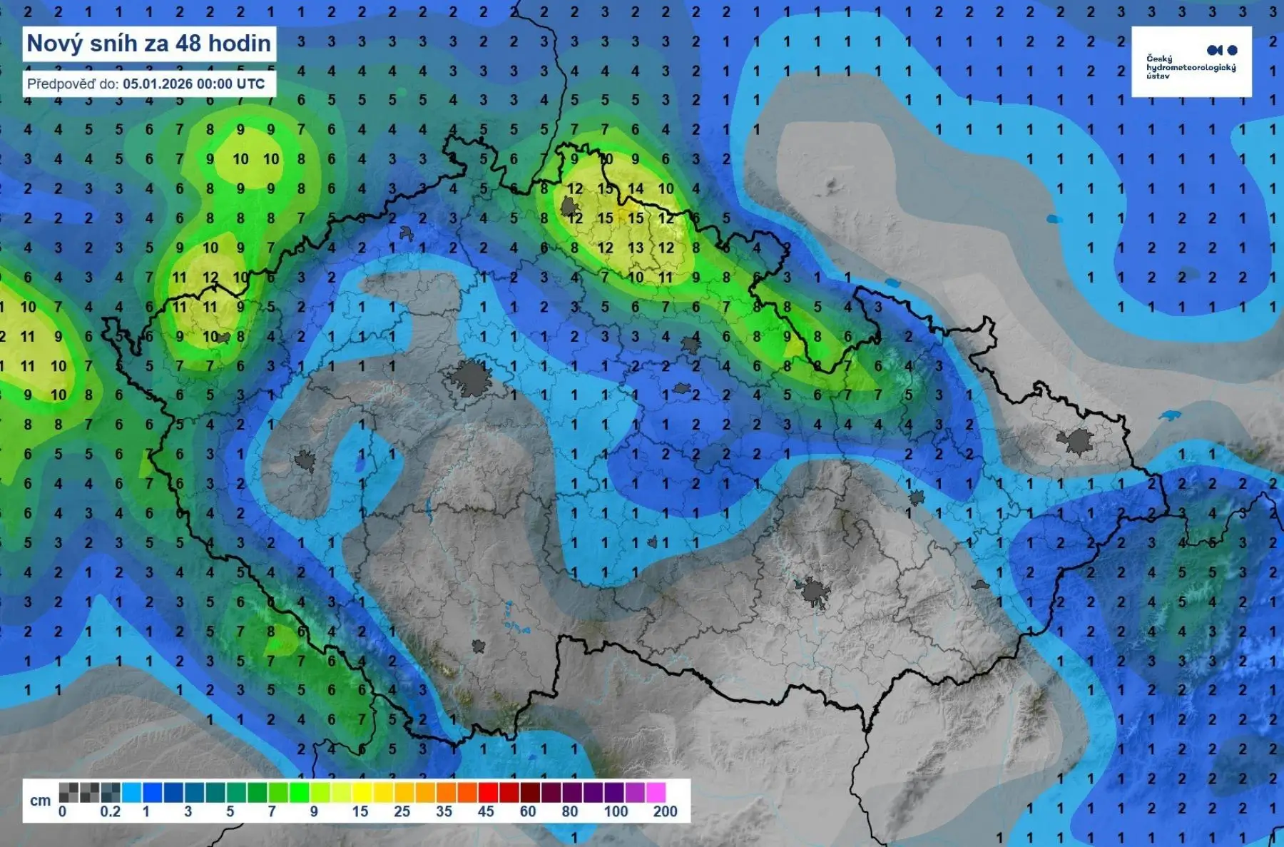 Přepověď sněhové nadílky do 5 ledna 2026