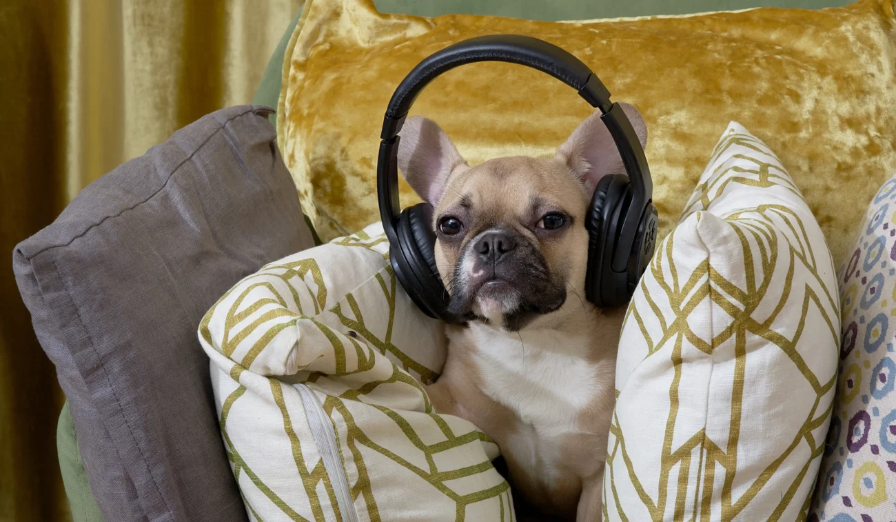 Pejsek sedí obklopený polštáři a má na hlavě sluchátka. 