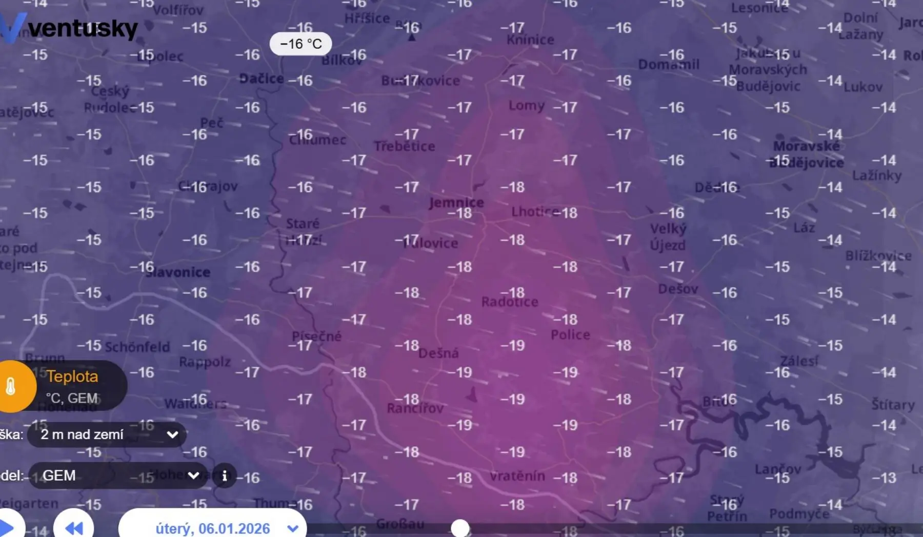 Ranní teploty v úterý 6. ledna podle modelu GEM