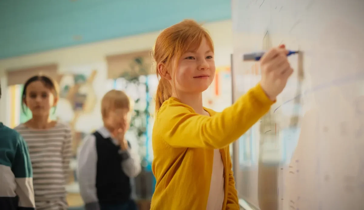 dítě počítá příklad na tabuli