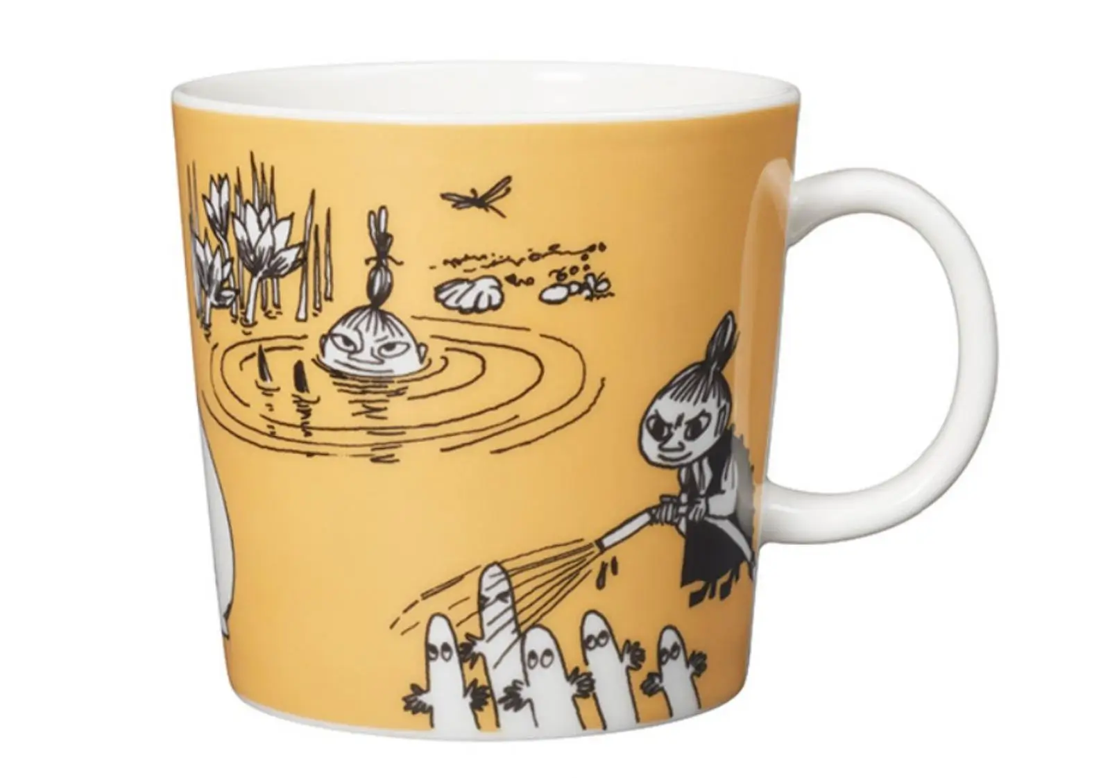 Źlutý hrnek s plavajícím Mumínkem