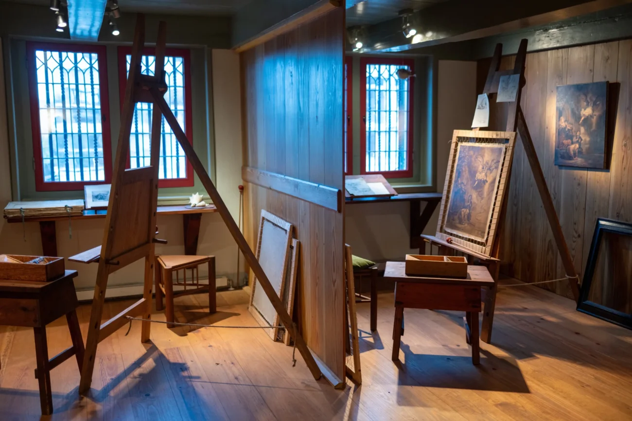 V místnostech jsou na stojanech obrazy. 